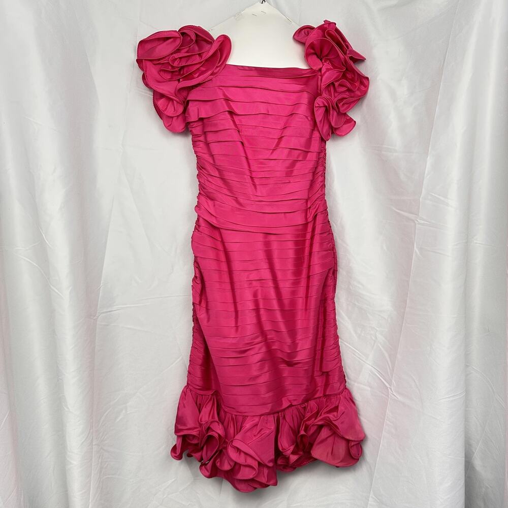 Tadashi Dress Vintage Size 10 Pink Satin Ruffle Puff Sleeve Bodycon Midi Prom